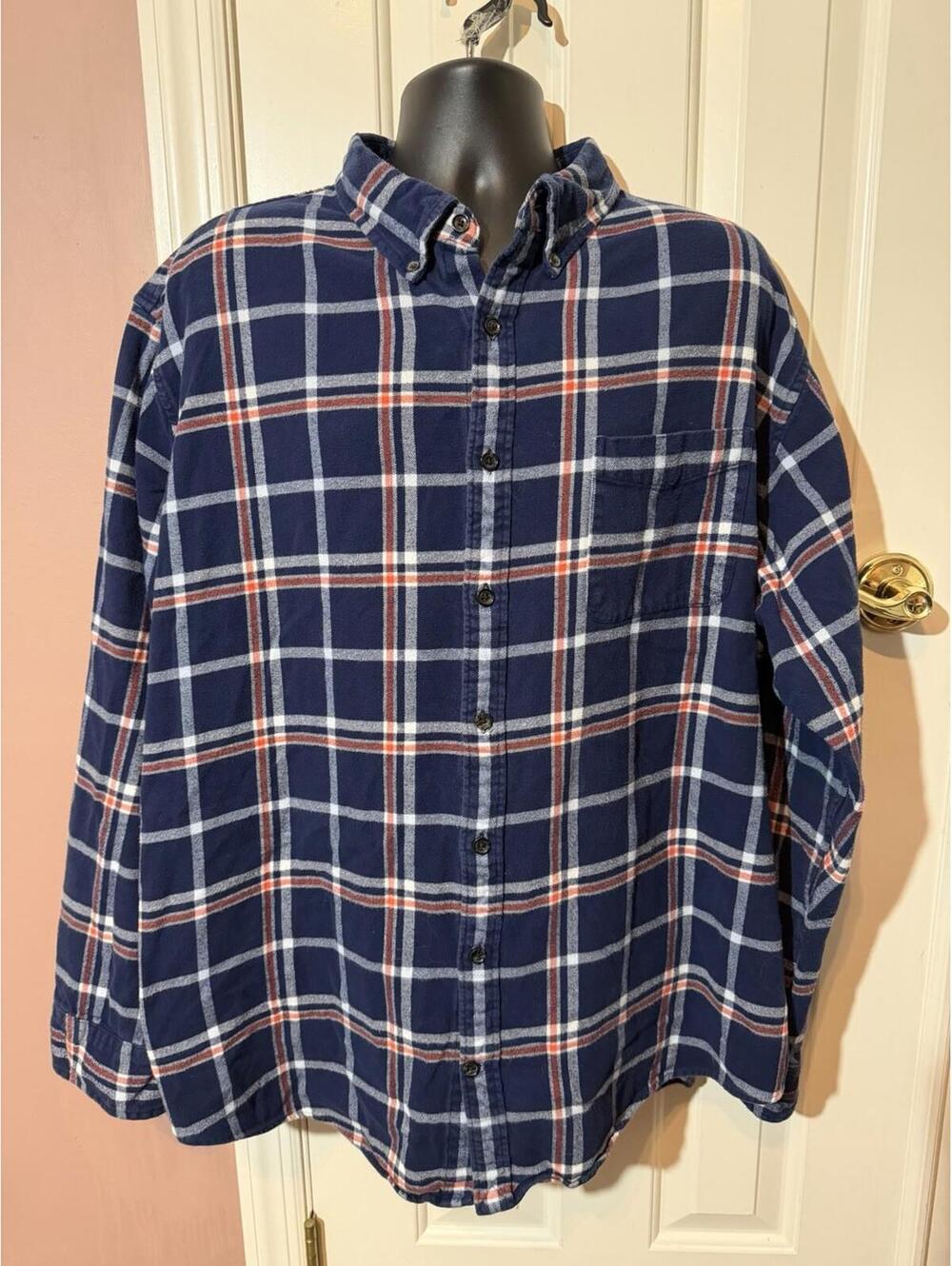 Lands End Flannel Shirt Mens 3XLT Blue Plaid Traditional Fit Cotton